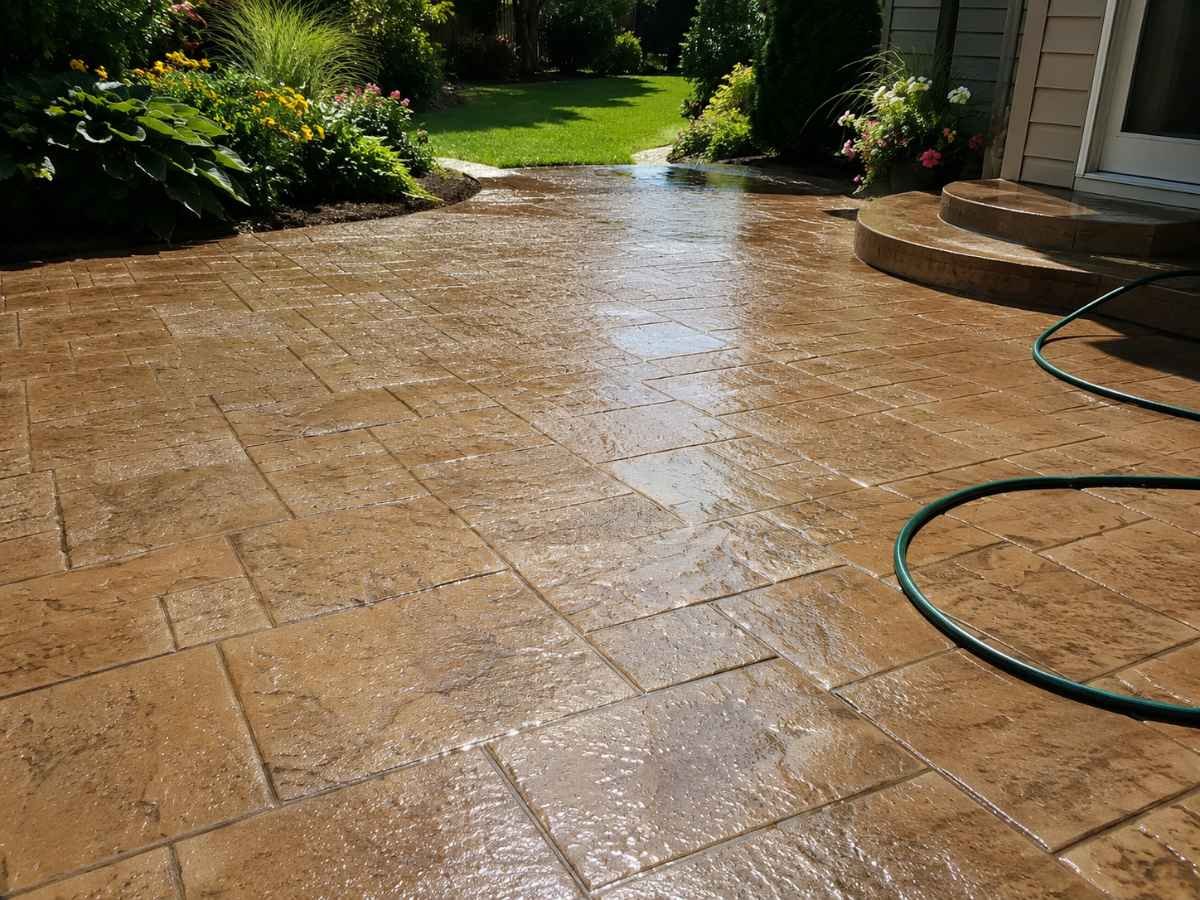 Clean stamped concrete patio after proper washing in the sunlight