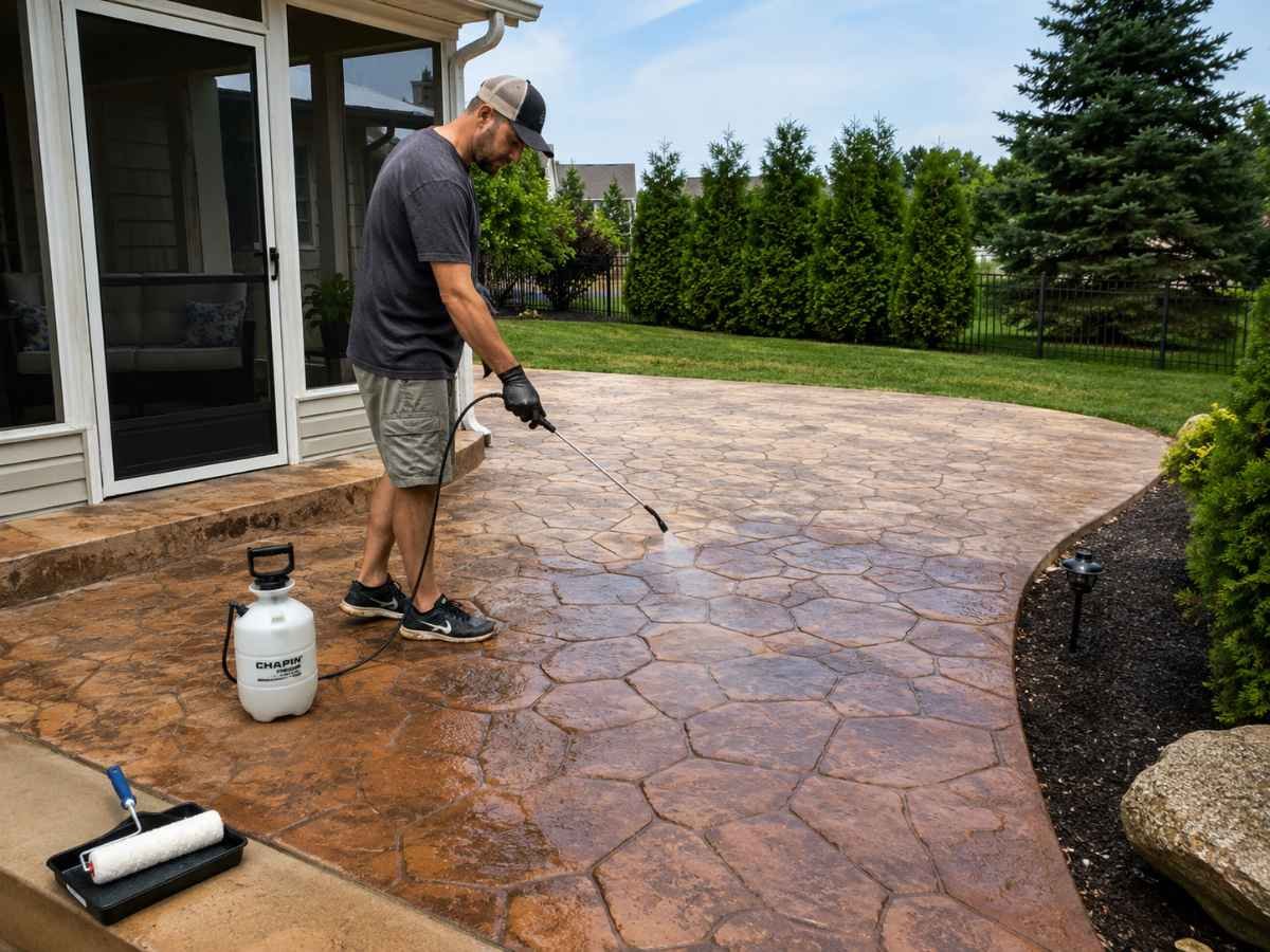 Homeowner learning how to reseal stamped concrete patio with sprayer for even protection