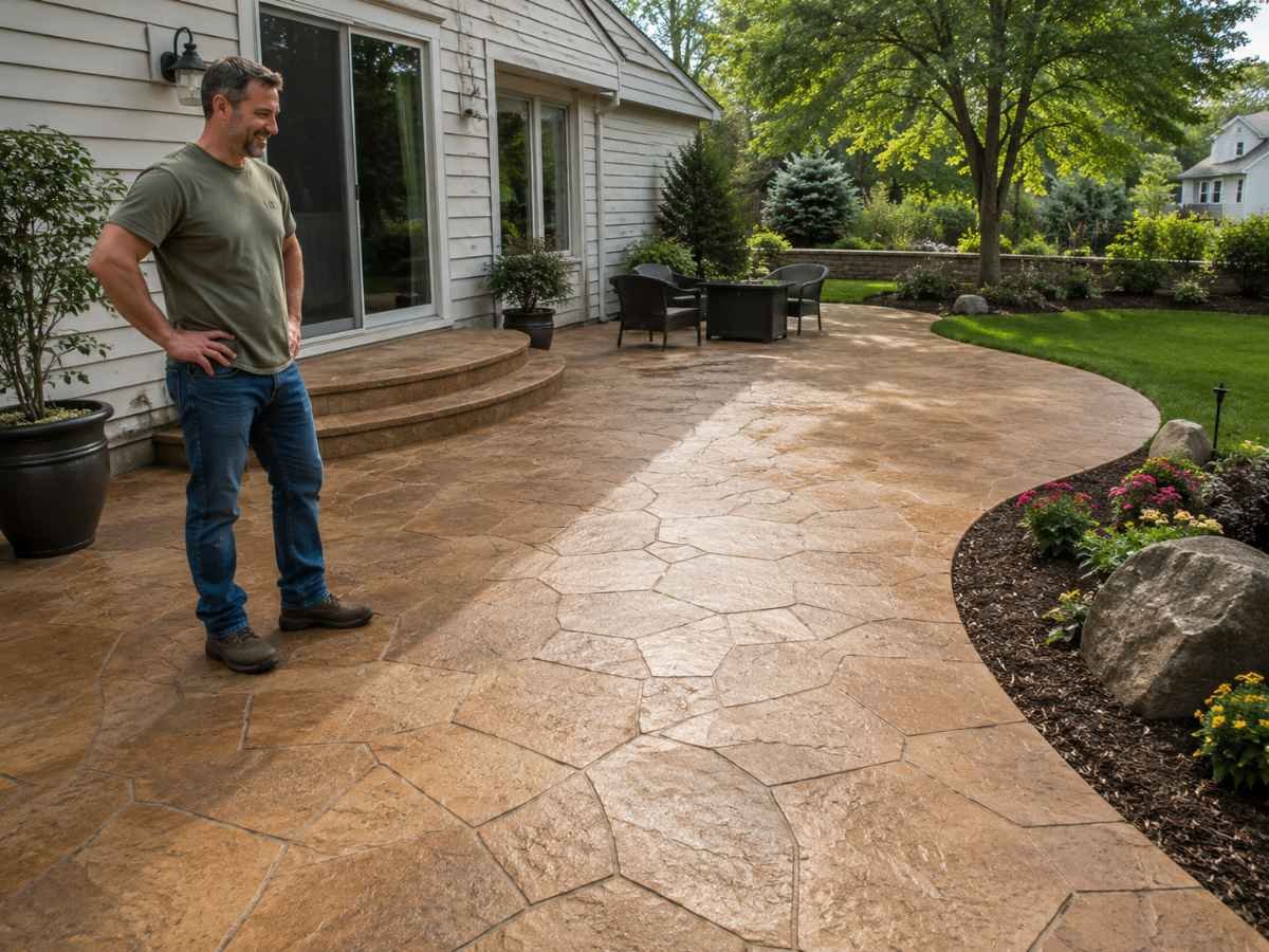 homeowner looking at his stamped concrete patio with natural stone look and earth-tone colors